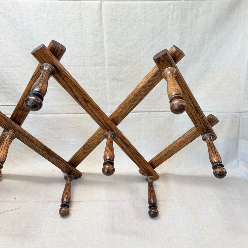 Vintage Wooden Accordion Wall Rack Expandable Peg Entryway Coat Hooks Solid Oak